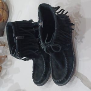 UGG AUSTRALIA BOOTS KAYSA Womens 7.5 Suede Leather Fringe MoccasinBlack Zip